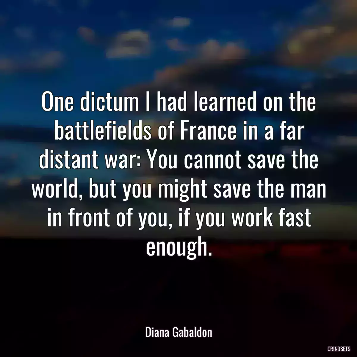 One dictum I had learned on the battlefields of France in a far distant war: You cannot save the world, but you might save the man in front of you, if you work fast enough.