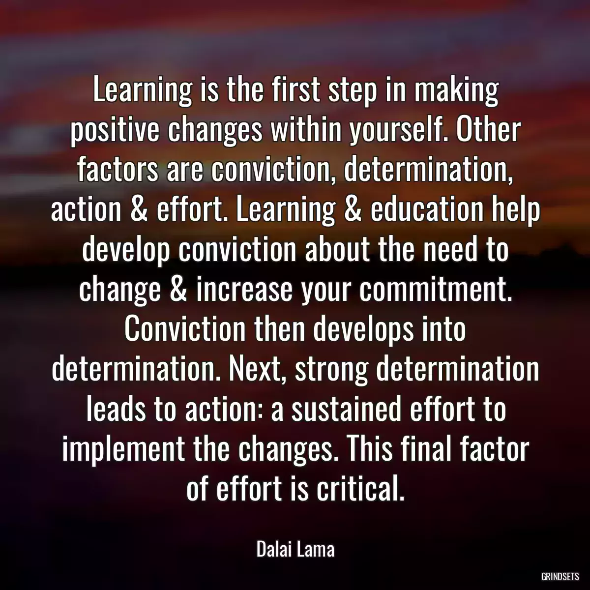 Learning is the first step in making positive changes within yourself. Other factors are conviction, determination, action & effort. Learning & education help develop conviction about the need to change & increase your commitment. Conviction then develops into determination. Next, strong determination leads to action: a sustained effort to implement the changes. This final factor of effort is critical.