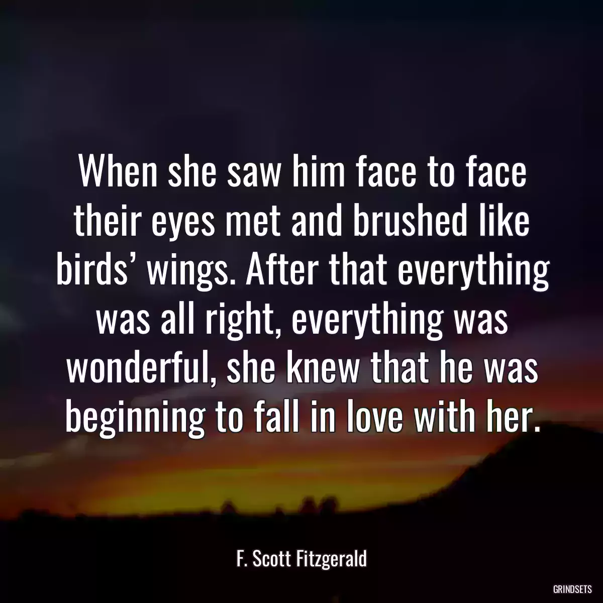 When she saw him face to face their eyes met and brushed like birds’ wings. After that everything was all right, everything was wonderful, she knew that he was beginning to fall in love with her.