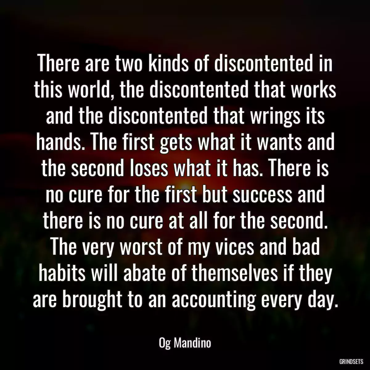 There are two kinds of discontented in this world, the discontented that works and the discontented that wrings its hands. The first gets what it wants and the second loses what it has. There is no cure for the first but success and there is no cure at all for the second. The very worst of my vices and bad habits will abate of themselves if they are brought to an accounting every day.