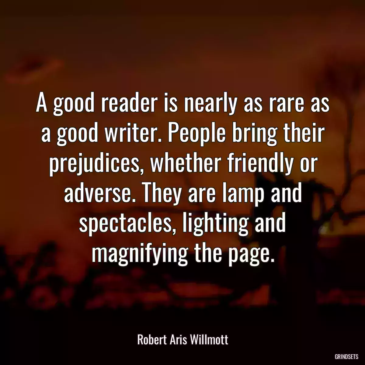 A good reader is nearly as rare as a good writer. People bring their prejudices, whether friendly or adverse. They are lamp and spectacles, lighting and magnifying the page.