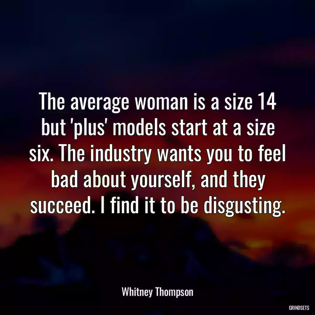 The average woman is a size 14 but \'plus\' models start at a size six. The industry wants you to feel bad about yourself, and they succeed. I find it to be disgusting.