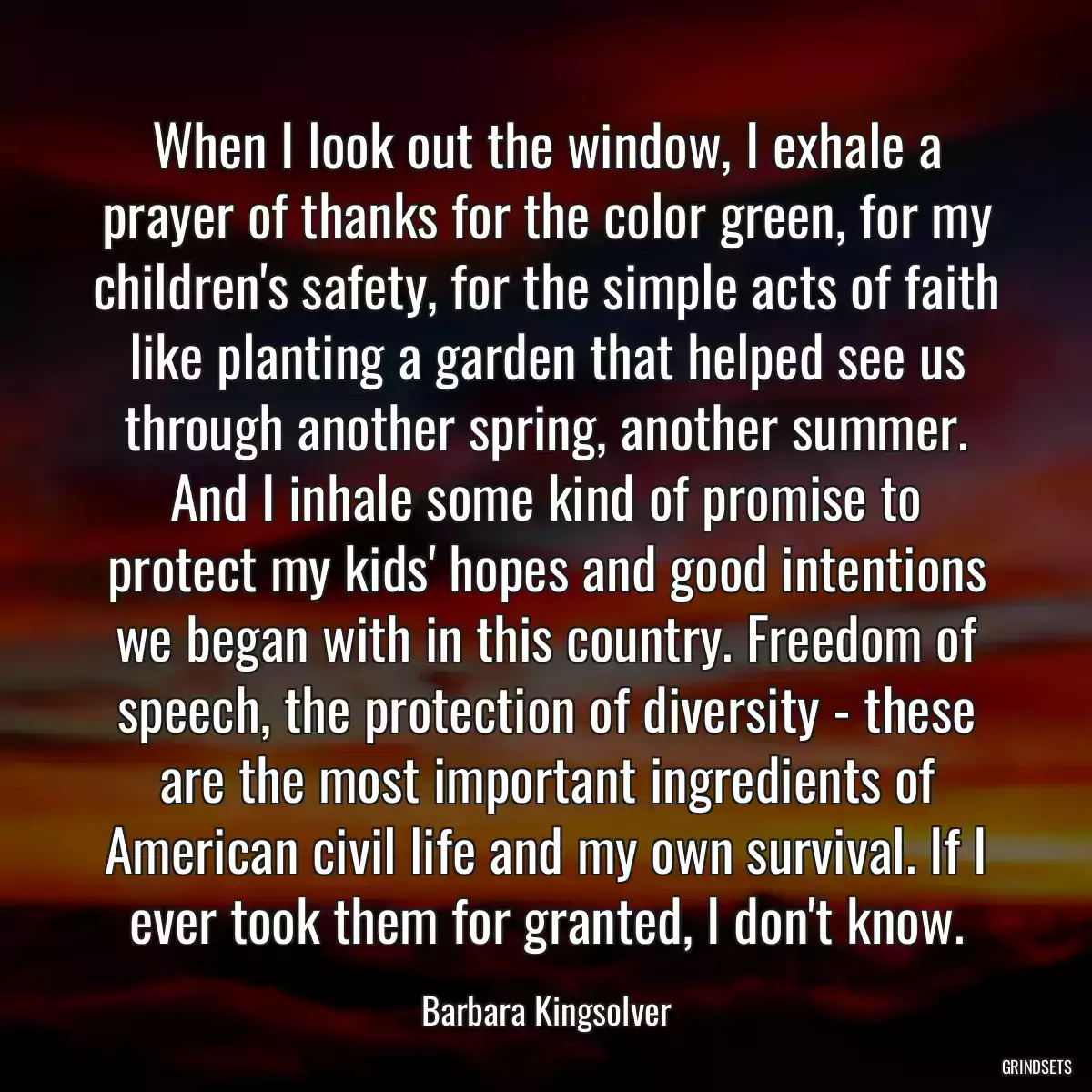 When I look out the window, I exhale a prayer of thanks for the color green, for my children\'s safety, for the simple acts of faith like planting a garden that helped see us through another spring, another summer. And I inhale some kind of promise to protect my kids\' hopes and good intentions we began with in this country. Freedom of speech, the protection of diversity - these are the most important ingredients of American civil life and my own survival. If I ever took them for granted, I don\'t know.