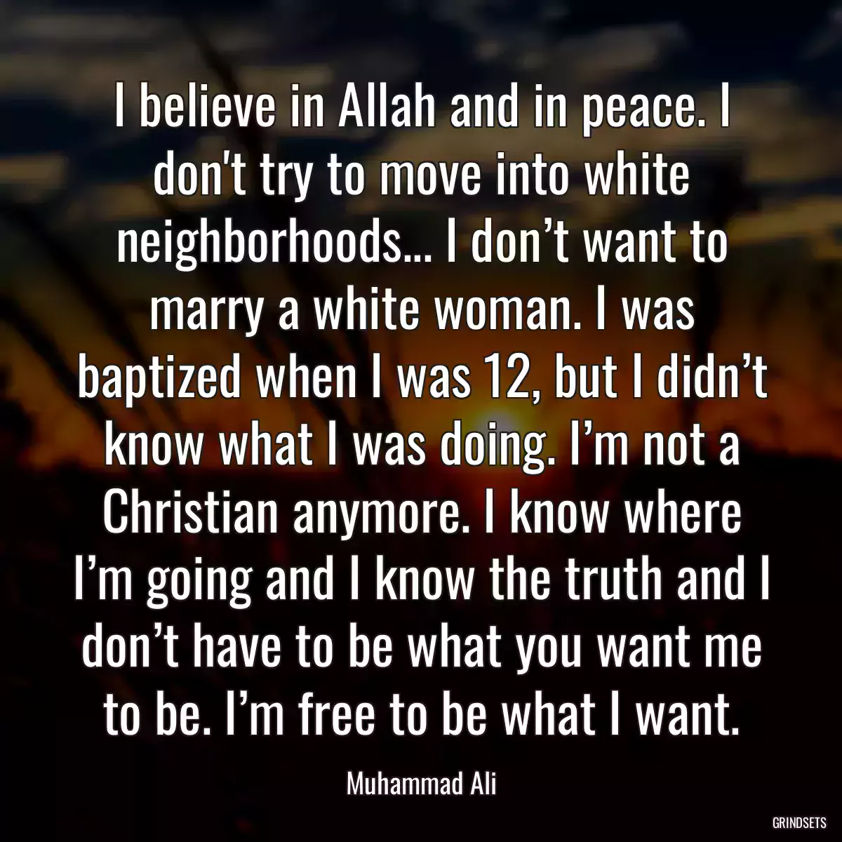 I believe in Allah and in peace. I don\'t try to move into white neighborhoods... I don’t want to marry a white woman. I was baptized when I was 12, but I didn’t know what I was doing. I’m not a Christian anymore. I know where I’m going and I know the truth and I don’t have to be what you want me to be. I’m free to be what I want.