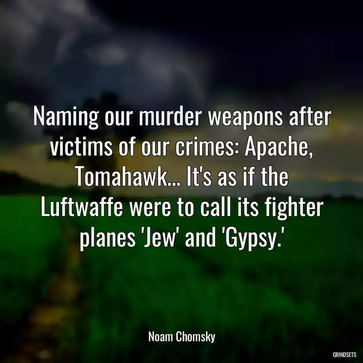 Naming our murder weapons after victims of our crimes: Apache, Tomahawk... It\'s as if the Luftwaffe were to call its fighter planes \'Jew\' and \'Gypsy.\'