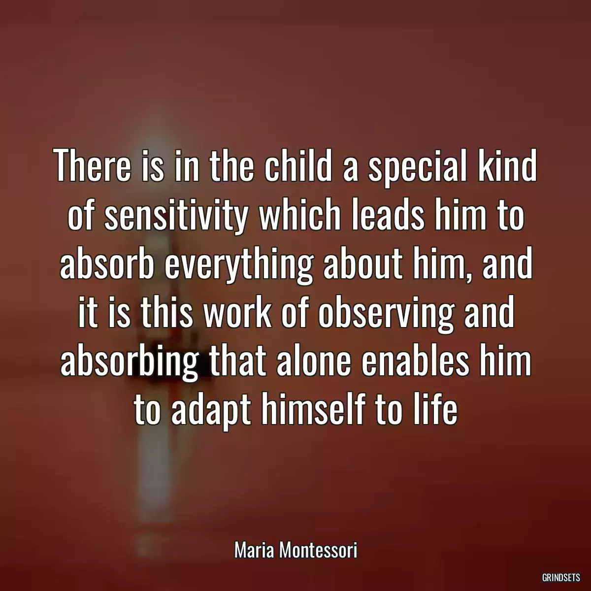 There is in the child a special kind of sensitivity which leads him to absorb everything about him, and it is this work of observing and absorbing that alone enables him to adapt himself to life