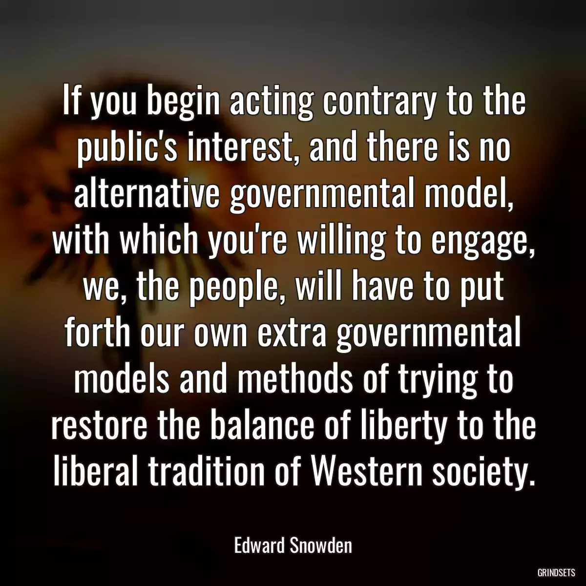 If you begin acting contrary to the public\'s interest, and there is no alternative governmental model, with which you\'re willing to engage, we, the people, will have to put forth our own extra governmental models and methods of trying to restore the balance of liberty to the liberal tradition of Western society.