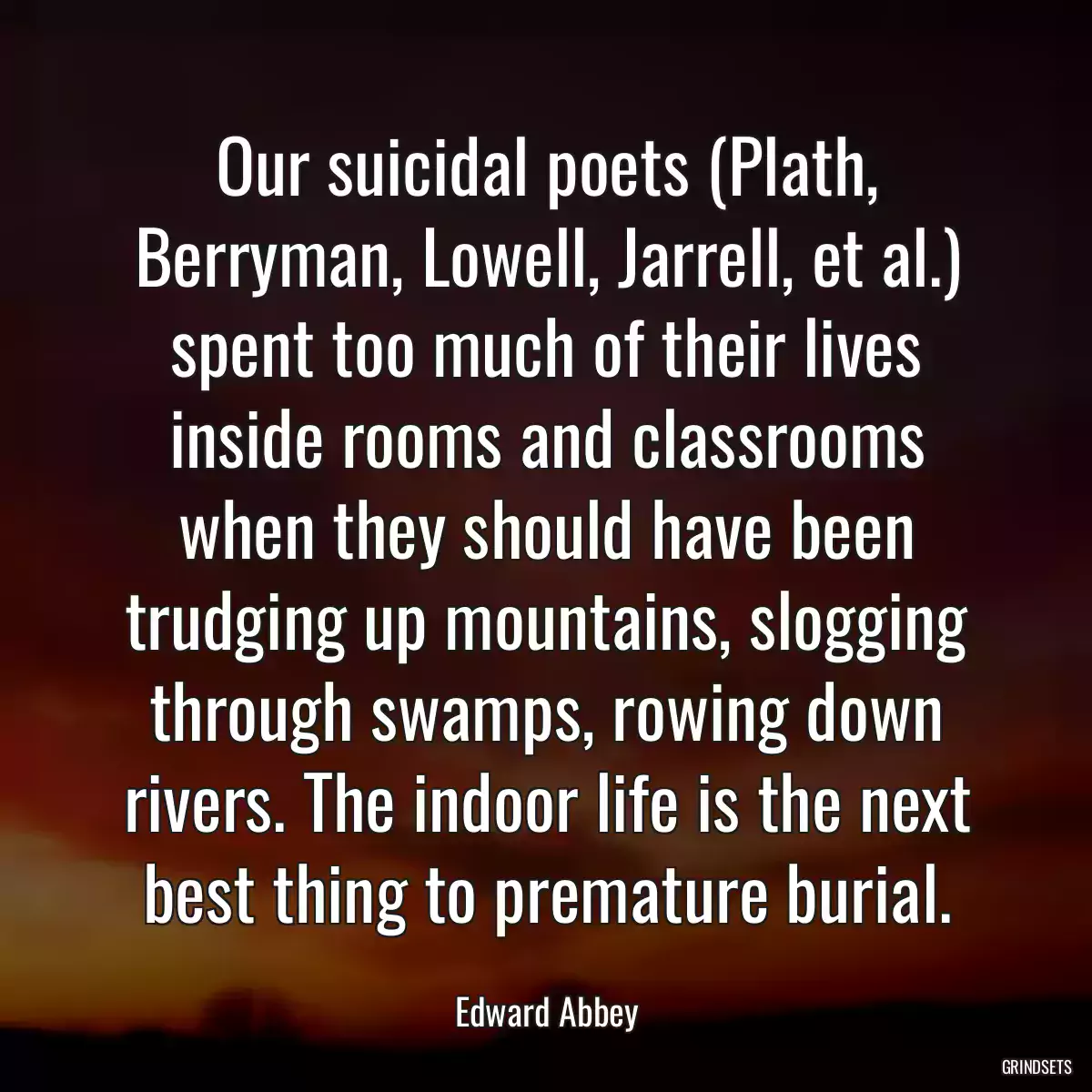 Our suicidal poets (Plath, Berryman, Lowell, Jarrell, et al.) spent too much of their lives inside rooms and classrooms when they should have been trudging up mountains, slogging through swamps, rowing down rivers. The indoor life is the next best thing to premature burial.