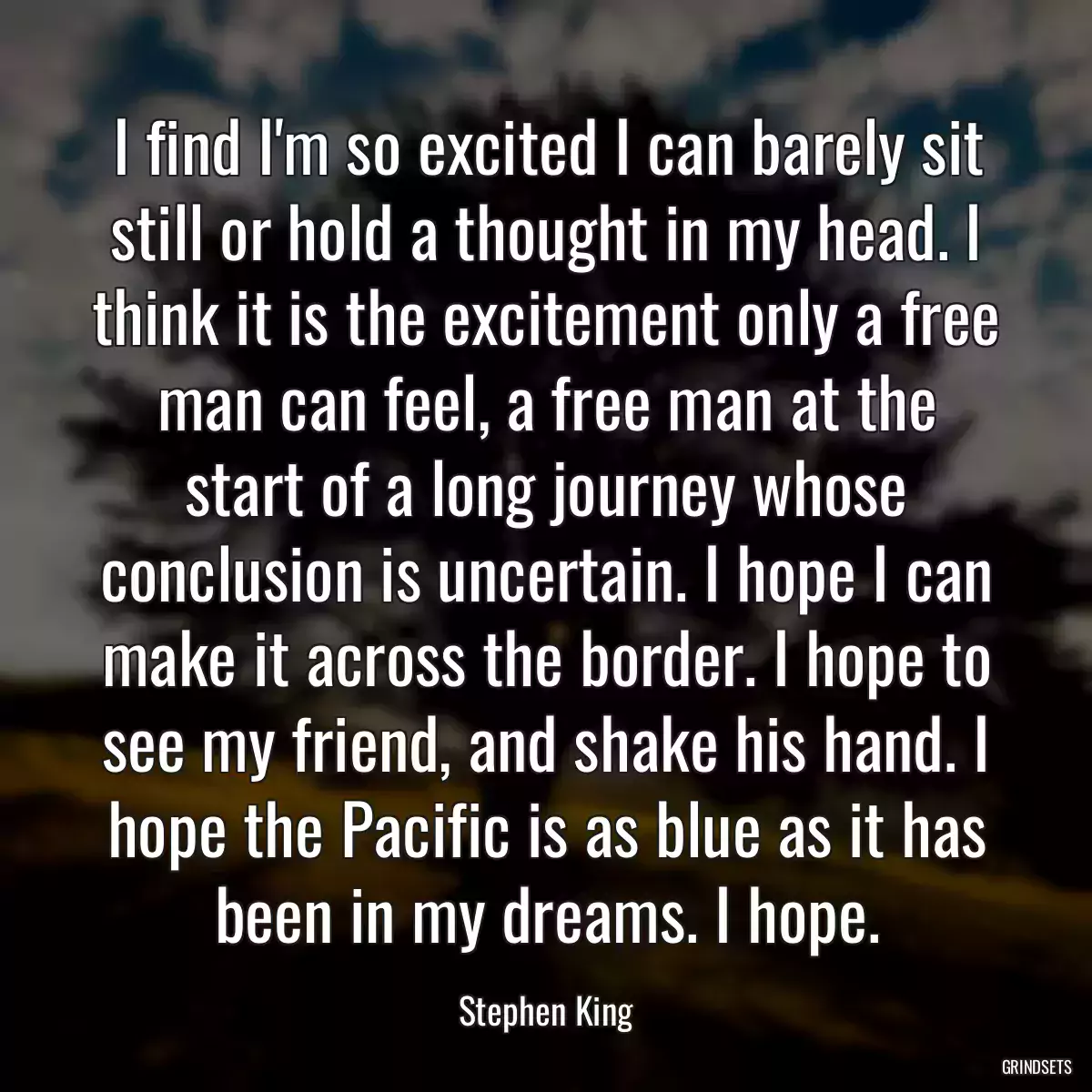 I find I\'m so excited I can barely sit still or hold a thought in my head. I think it is the excitement only a free man can feel, a free man at the start of a long journey whose conclusion is uncertain. I hope I can make it across the border. I hope to see my friend, and shake his hand. I hope the Pacific is as blue as it has been in my dreams. I hope.