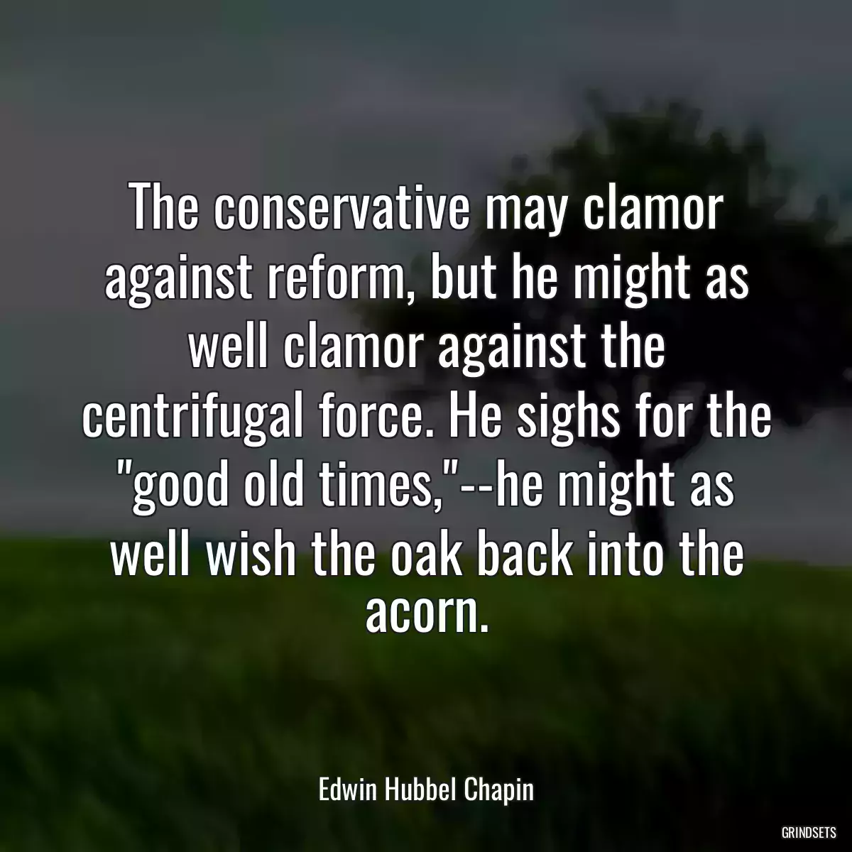 The conservative may clamor against reform, but he might as well clamor against the centrifugal force. He sighs for the \