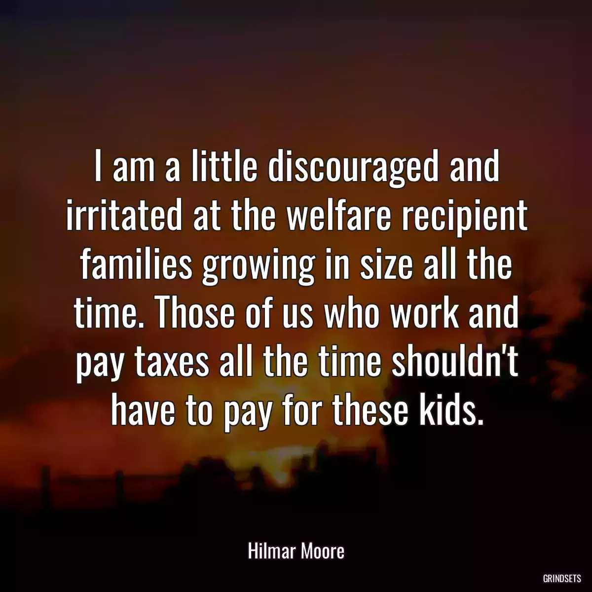 I am a little discouraged and irritated at the welfare recipient families growing in size all the time. Those of us who work and pay taxes all the time shouldn\'t have to pay for these kids.