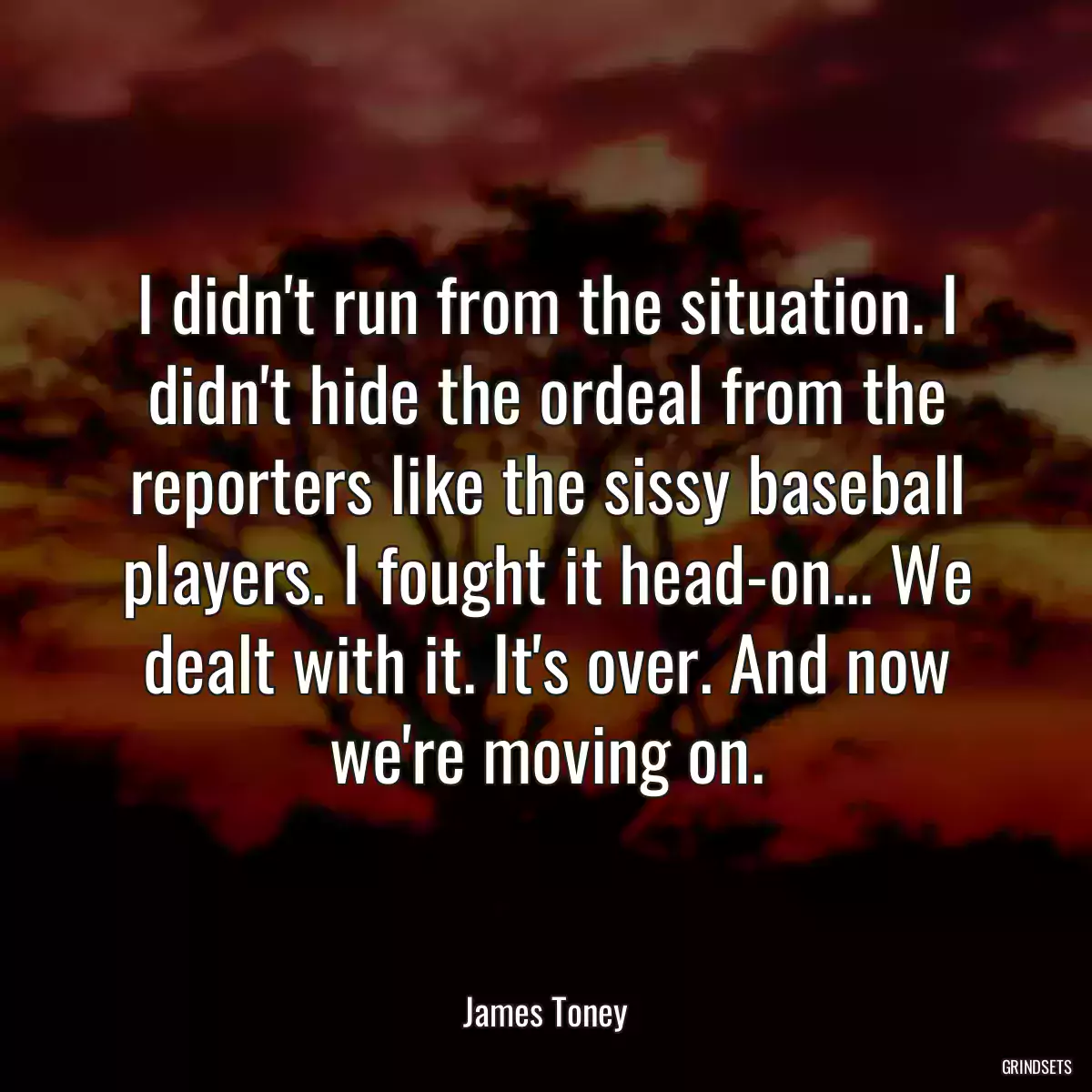 I didn\'t run from the situation. I didn\'t hide the ordeal from the reporters like the sissy baseball players. I fought it head-on... We dealt with it. It\'s over. And now we\'re moving on.