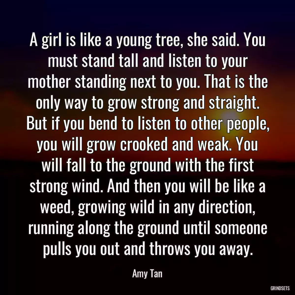 A girl is like a young tree, she said. You must stand tall and listen to your mother standing next to you. That is the only way to grow strong and straight. But if you bend to listen to other people, you will grow crooked and weak. You will fall to the ground with the first strong wind. And then you will be like a weed, growing wild in any direction, running along the ground until someone pulls you out and throws you away.