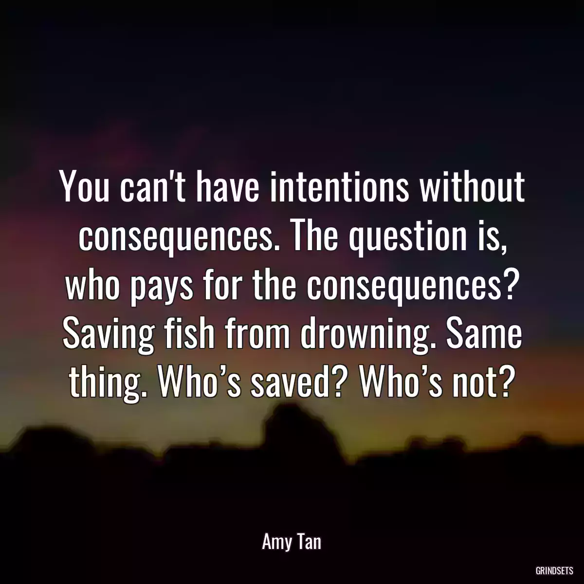 You can\'t have intentions without consequences. The question is, who pays for the consequences? Saving fish from drowning. Same thing. Who’s saved? Who’s not?