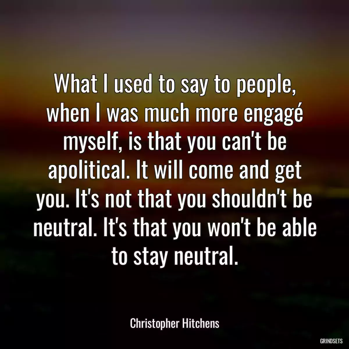 What I used to say to people, when I was much more engagé myself, is that you can\'t be apolitical. It will come and get you. It\'s not that you shouldn\'t be neutral. It\'s that you won\'t be able to stay neutral.