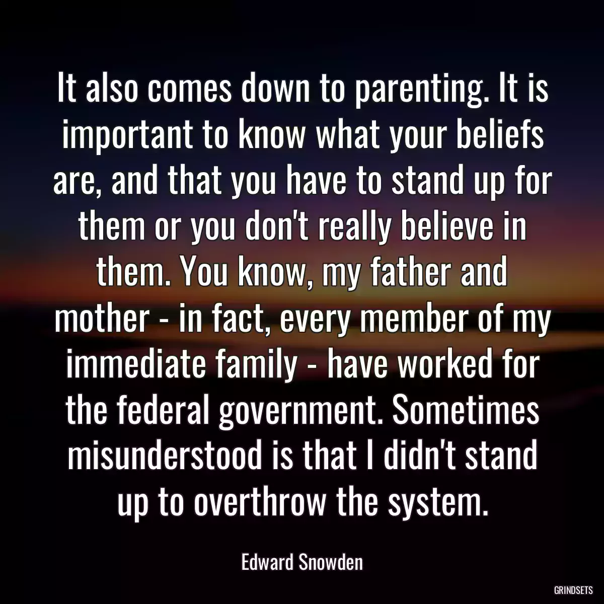 It also comes down to parenting. It is important to know what your beliefs are, and that you have to stand up for them or you don\'t really believe in them. You know, my father and mother - in fact, every member of my immediate family - have worked for the federal government. Sometimes misunderstood is that I didn\'t stand up to overthrow the system.