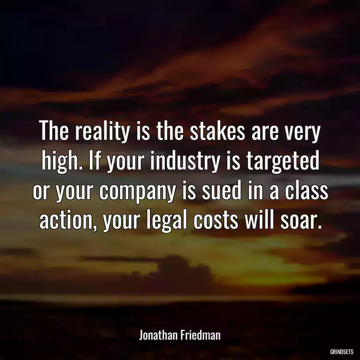 The reality is the stakes are very high. If your industry is targeted or your company is sued in a class action, your legal costs will soar.