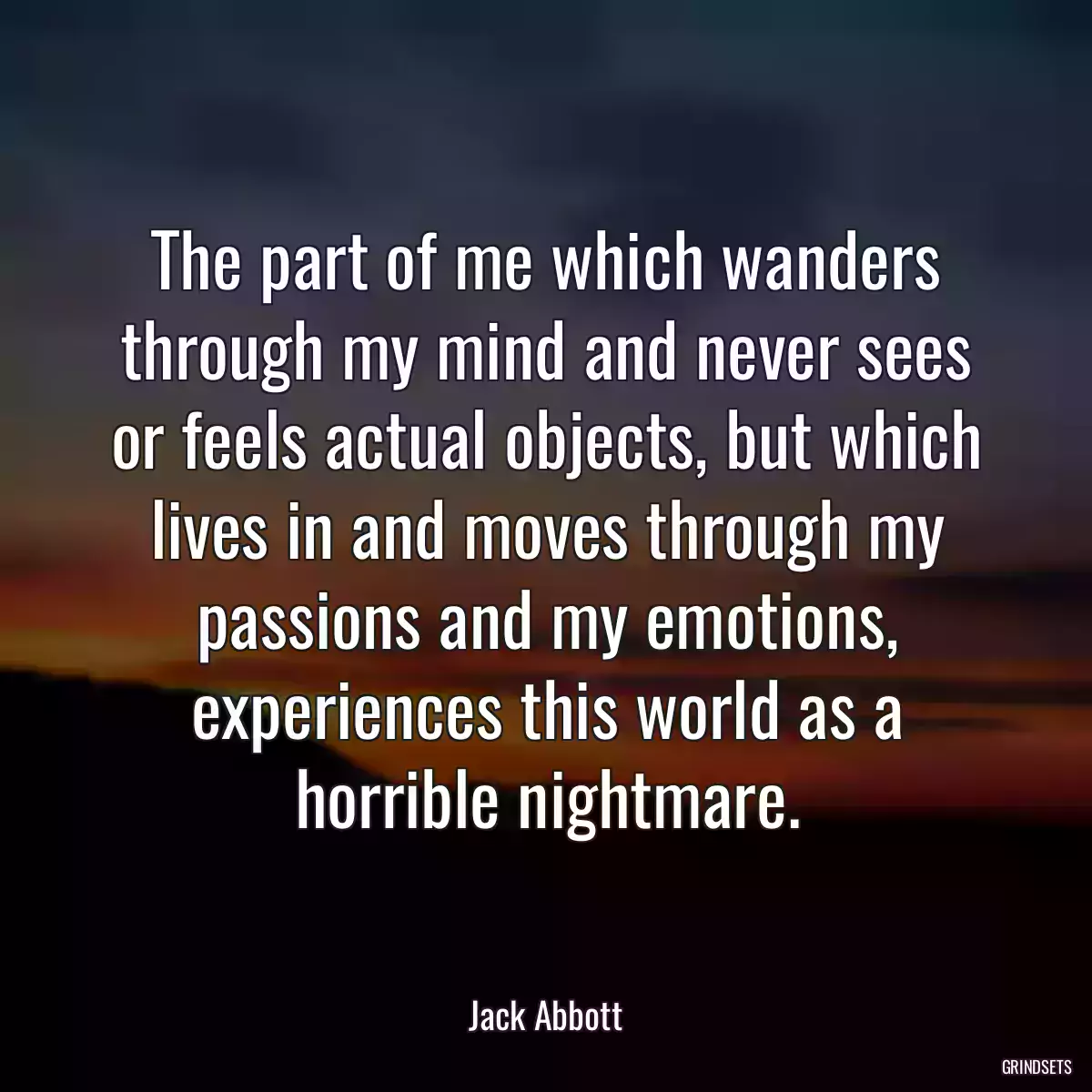 The part of me which wanders through my mind and never sees or feels actual objects, but which lives in and moves through my passions and my emotions, experiences this world as a horrible nightmare.