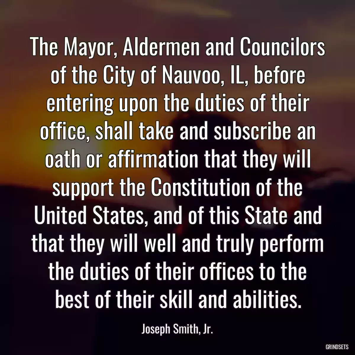 The Mayor, Aldermen and Councilors of the City of Nauvoo, IL, before entering upon the duties of their office, shall take and subscribe an oath or affirmation that they will support the Constitution of the United States, and of this State and that they will well and truly perform the duties of their offices to the best of their skill and abilities.