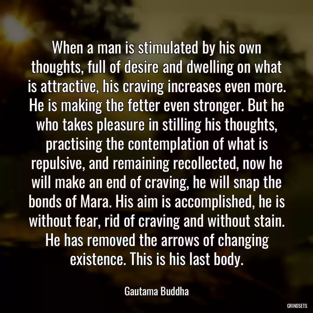 When a man is stimulated by his own thoughts, full of desire and dwelling on what is attractive, his craving increases even more. He is making the fetter even stronger. But he who takes pleasure in stilling his thoughts, practising the contemplation of what is repulsive, and remaining recollected, now he will make an end of craving, he will snap the bonds of Mara. His aim is accomplished, he is without fear, rid of craving and without stain. He has removed the arrows of changing existence. This is his last body.