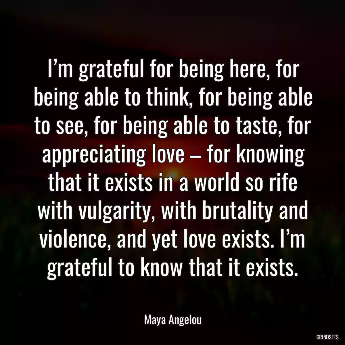 I’m grateful for being here, for being able to think, for being able to see, for being able to taste, for appreciating love – for knowing that it exists in a world so rife with vulgarity, with brutality and violence, and yet love exists. I’m grateful to know that it exists.