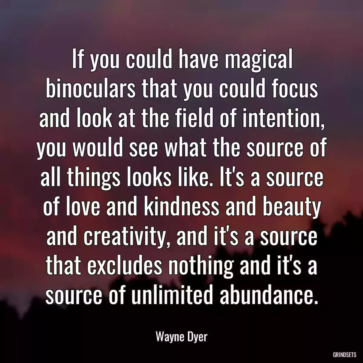 If you could have magical binoculars that you could focus and look at the field of intention, you would see what the source of all things looks like. It\'s a source of love and kindness and beauty and creativity, and it\'s a source that excludes nothing and it\'s a source of unlimited abundance.