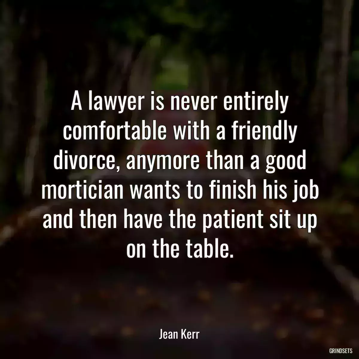 A lawyer is never entirely comfortable with a friendly divorce, anymore than a good mortician wants to finish his job and then have the patient sit up on the table.