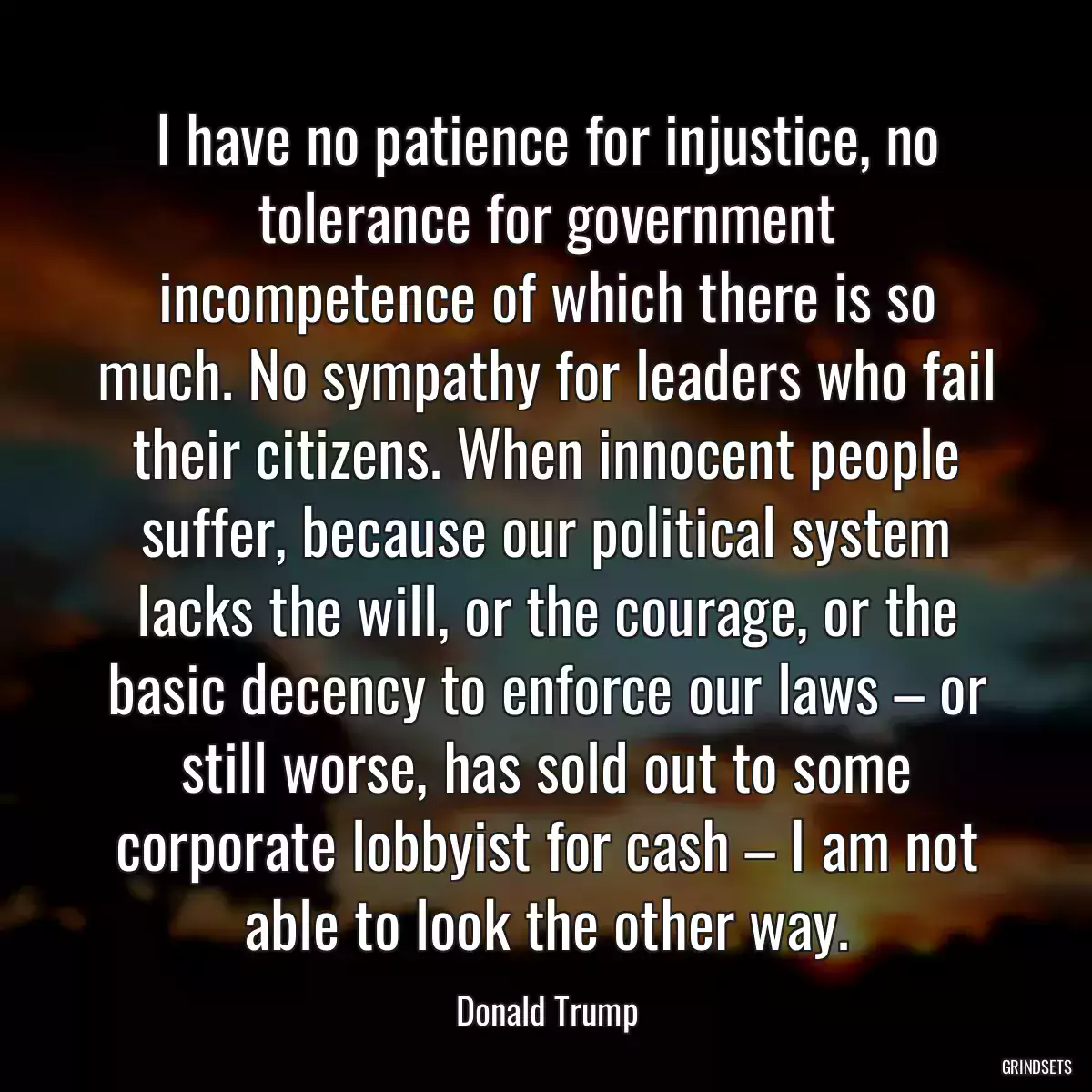 I have no patience for injustice, no tolerance for government incompetence of which there is so much. No sympathy for leaders who fail their citizens. When innocent people suffer, because our political system lacks the will, or the courage, or the basic decency to enforce our laws – or still worse, has sold out to some corporate lobbyist for cash – I am not able to look the other way.