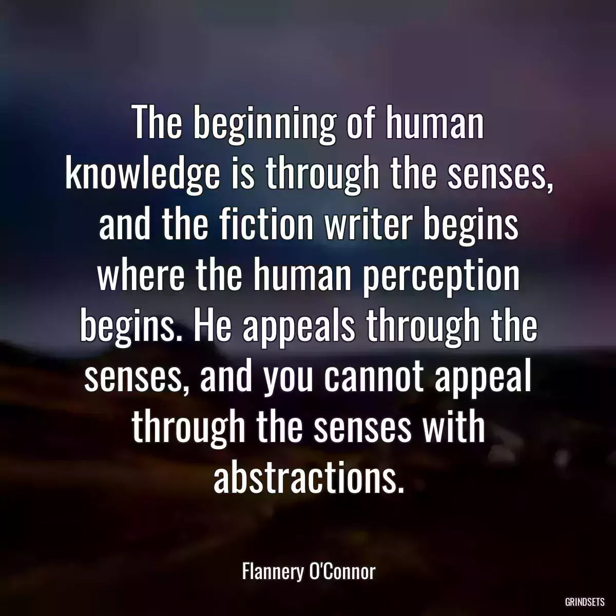 The beginning of human knowledge is through the senses, and the fiction writer begins where the human perception begins. He appeals through the senses, and you cannot appeal through the senses with abstractions.