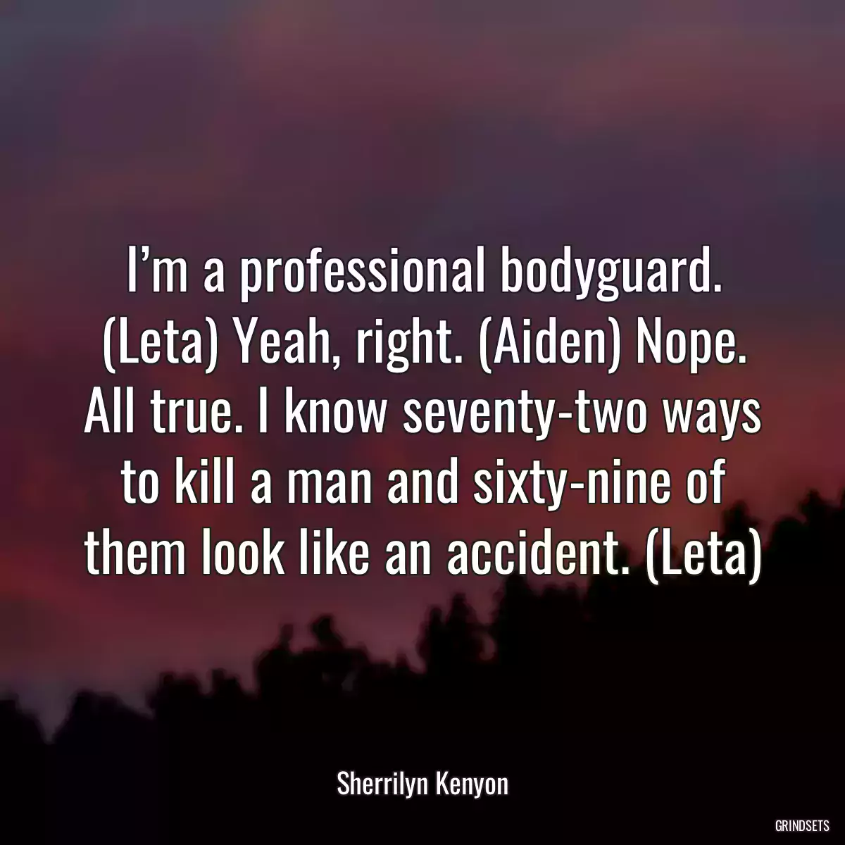 I’m a professional bodyguard. (Leta) Yeah, right. (Aiden) Nope. All true. I know seventy-two ways to kill a man and sixty-nine of them look like an accident. (Leta)