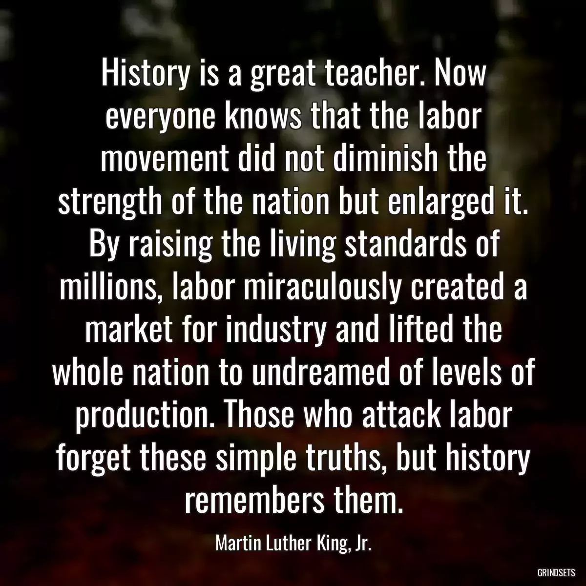 History is a great teacher. Now everyone knows that the labor movement did not diminish the strength of the nation but enlarged it. By raising the living standards of millions, labor miraculously created a market for industry and lifted the whole nation to undreamed of levels of production. Those who attack labor forget these simple truths, but history remembers them.