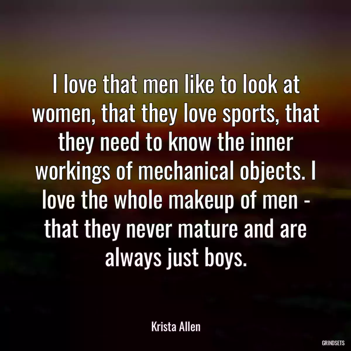 I love that men like to look at women, that they love sports, that they need to know the inner workings of mechanical objects. I love the whole makeup of men - that they never mature and are always just boys.