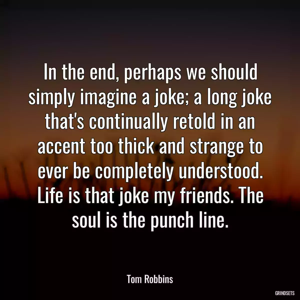 In the end, perhaps we should simply imagine a joke; a long joke that\'s continually retold in an accent too thick and strange to ever be completely understood. Life is that joke my friends. The soul is the punch line.