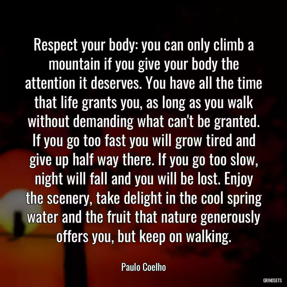 Respect your body: you can only climb a mountain if you give your body the attention it deserves. You have all the time that life grants you, as long as you walk without demanding what can\'t be granted. If you go too fast you will grow tired and give up half way there. If you go too slow, night will fall and you will be lost. Enjoy the scenery, take delight in the cool spring water and the fruit that nature generously offers you, but keep on walking.