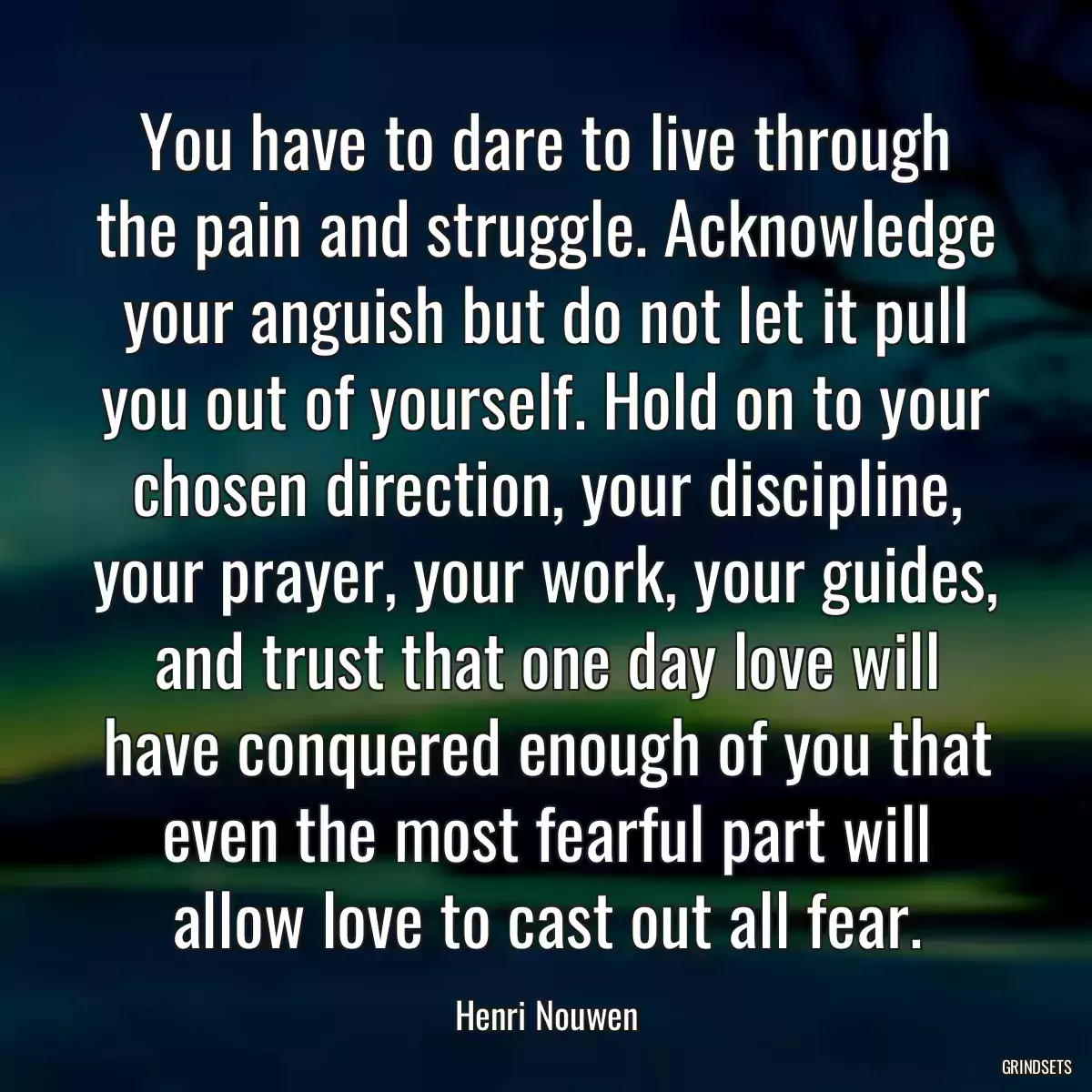 You have to dare to live through the pain and struggle. Acknowledge your anguish but do not let it pull you out of yourself. Hold on to your chosen direction, your discipline, your prayer, your work, your guides, and trust that one day love will have conquered enough of you that even the most fearful part will allow love to cast out all fear.