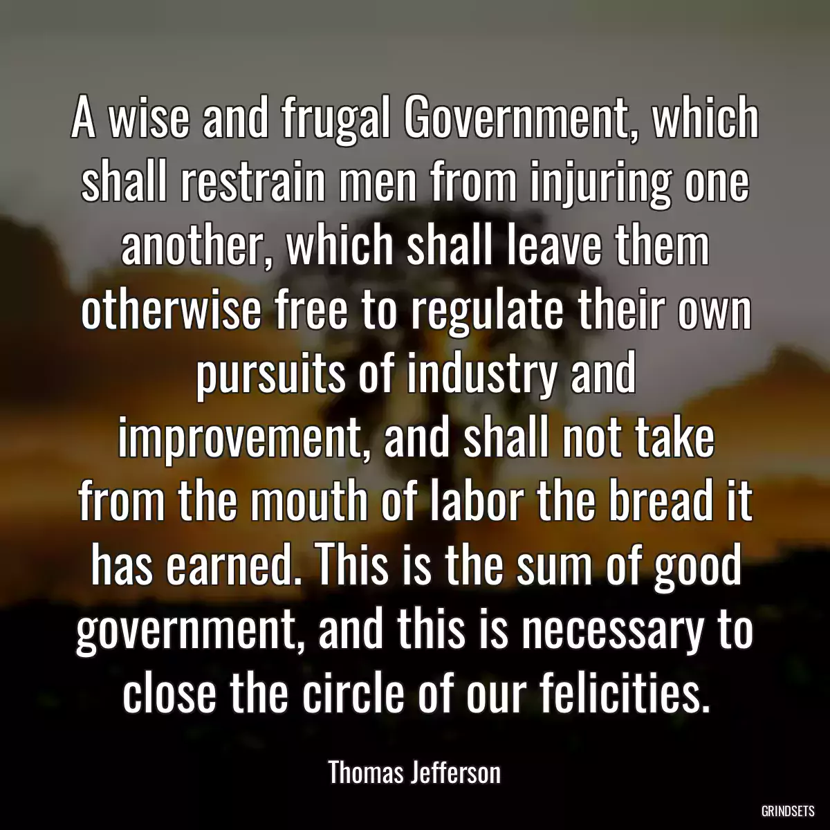 A wise and frugal Government, which shall restrain men from injuring one another, which shall leave them otherwise free to regulate their own pursuits of industry and improvement, and shall not take from the mouth of labor the bread it has earned. This is the sum of good government, and this is necessary to close the circle of our felicities.