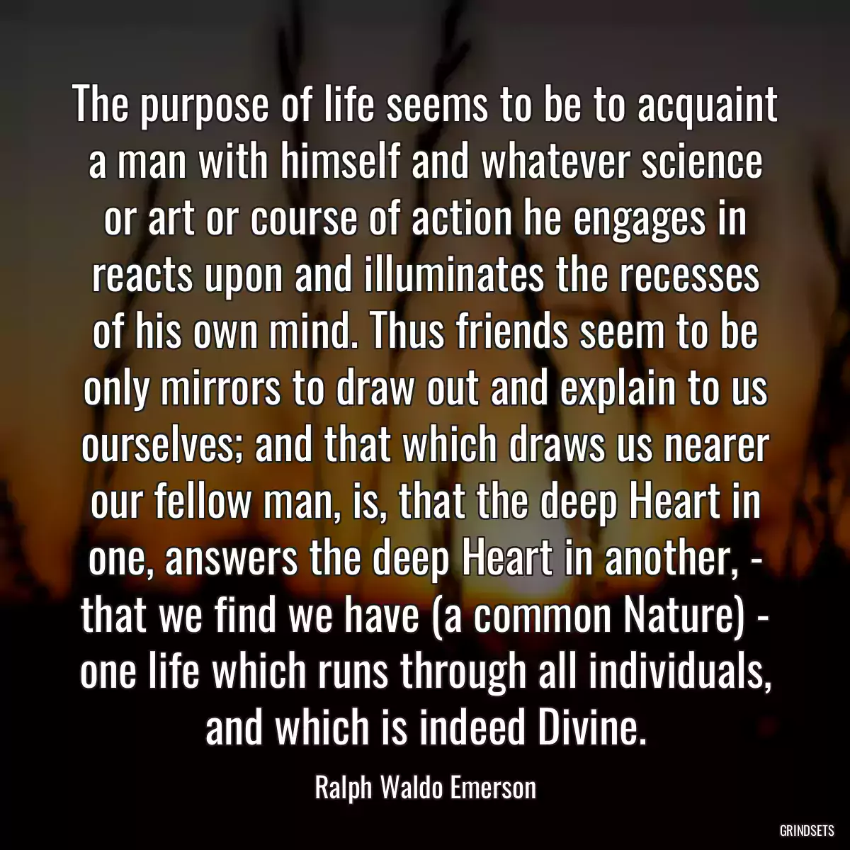 The purpose of life seems to be to acquaint a man with himself and whatever science or art or course of action he engages in reacts upon and illuminates the recesses of his own mind. Thus friends seem to be only mirrors to draw out and explain to us ourselves; and that which draws us nearer our fellow man, is, that the deep Heart in one, answers the deep Heart in another, - that we find we have (a common Nature) - one life which runs through all individuals, and which is indeed Divine.