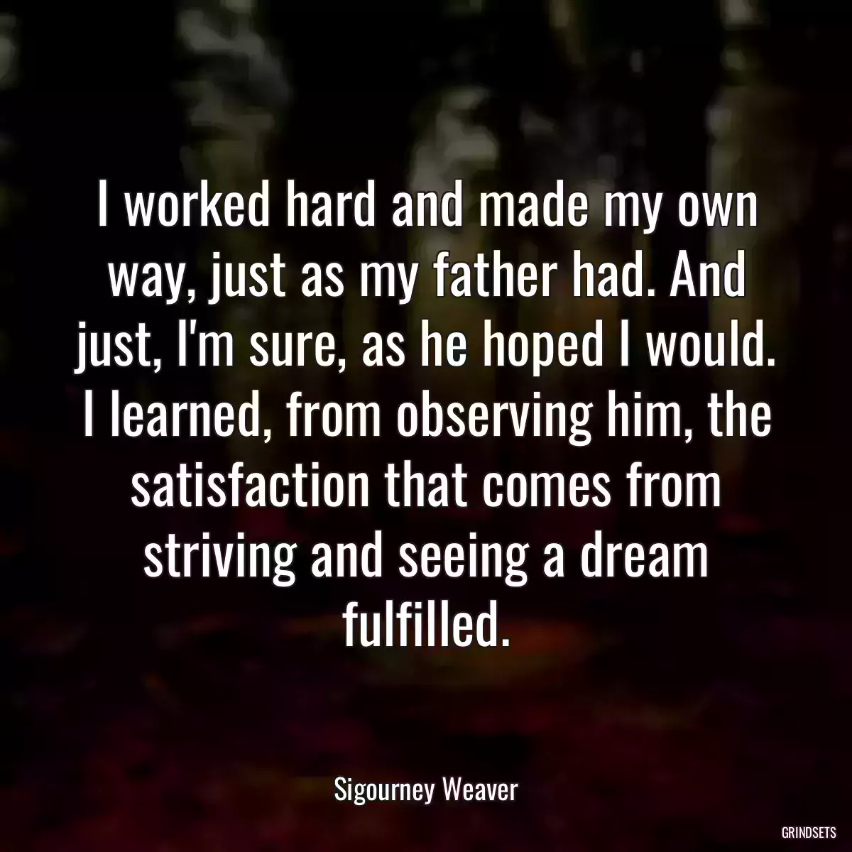 I worked hard and made my own way, just as my father had. And just, I\'m sure, as he hoped I would. I learned, from observing him, the satisfaction that comes from striving and seeing a dream fulfilled.