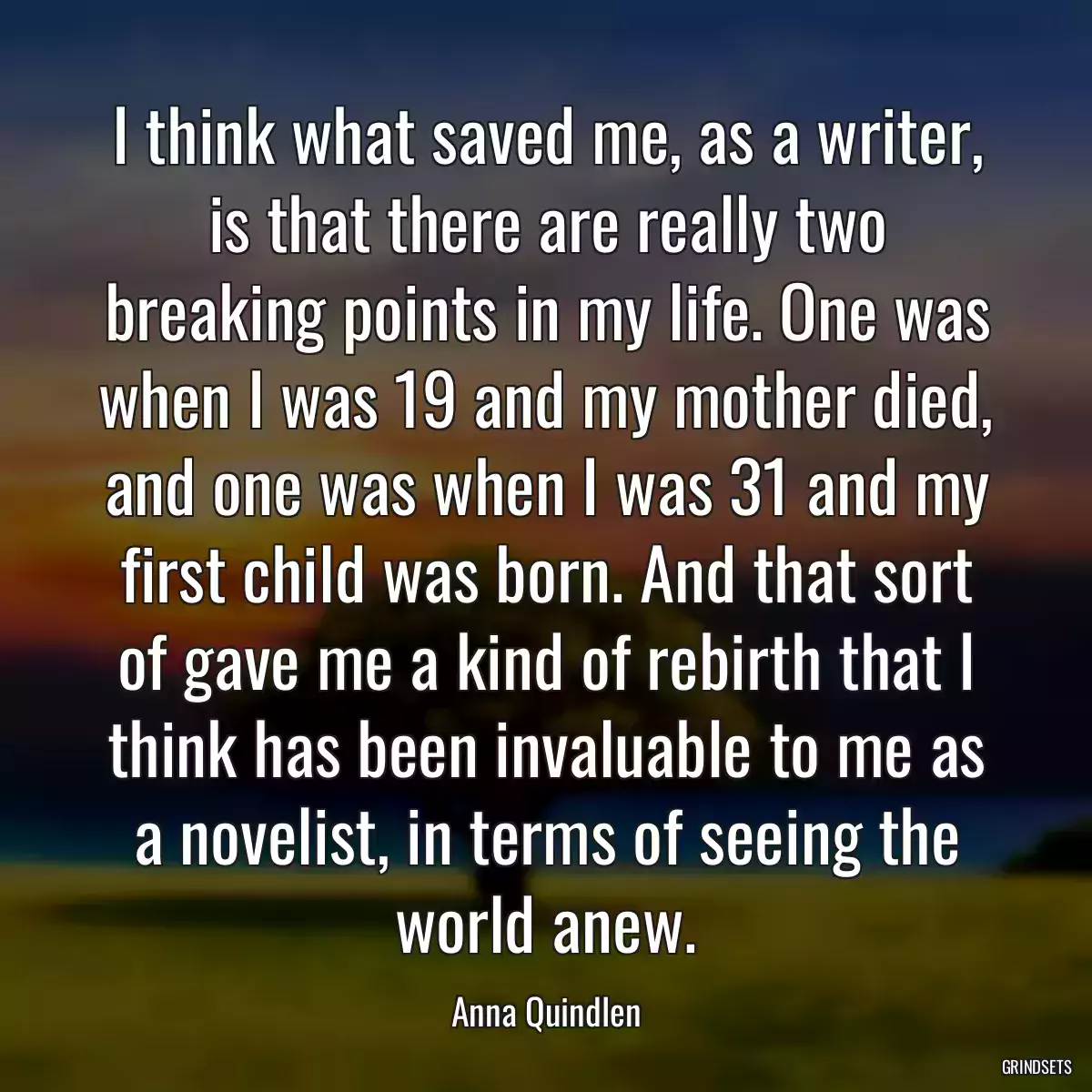 I think what saved me, as a writer, is that there are really two breaking points in my life. One was when I was 19 and my mother died, and one was when I was 31 and my first child was born. And that sort of gave me a kind of rebirth that I think has been invaluable to me as a novelist, in terms of seeing the world anew.