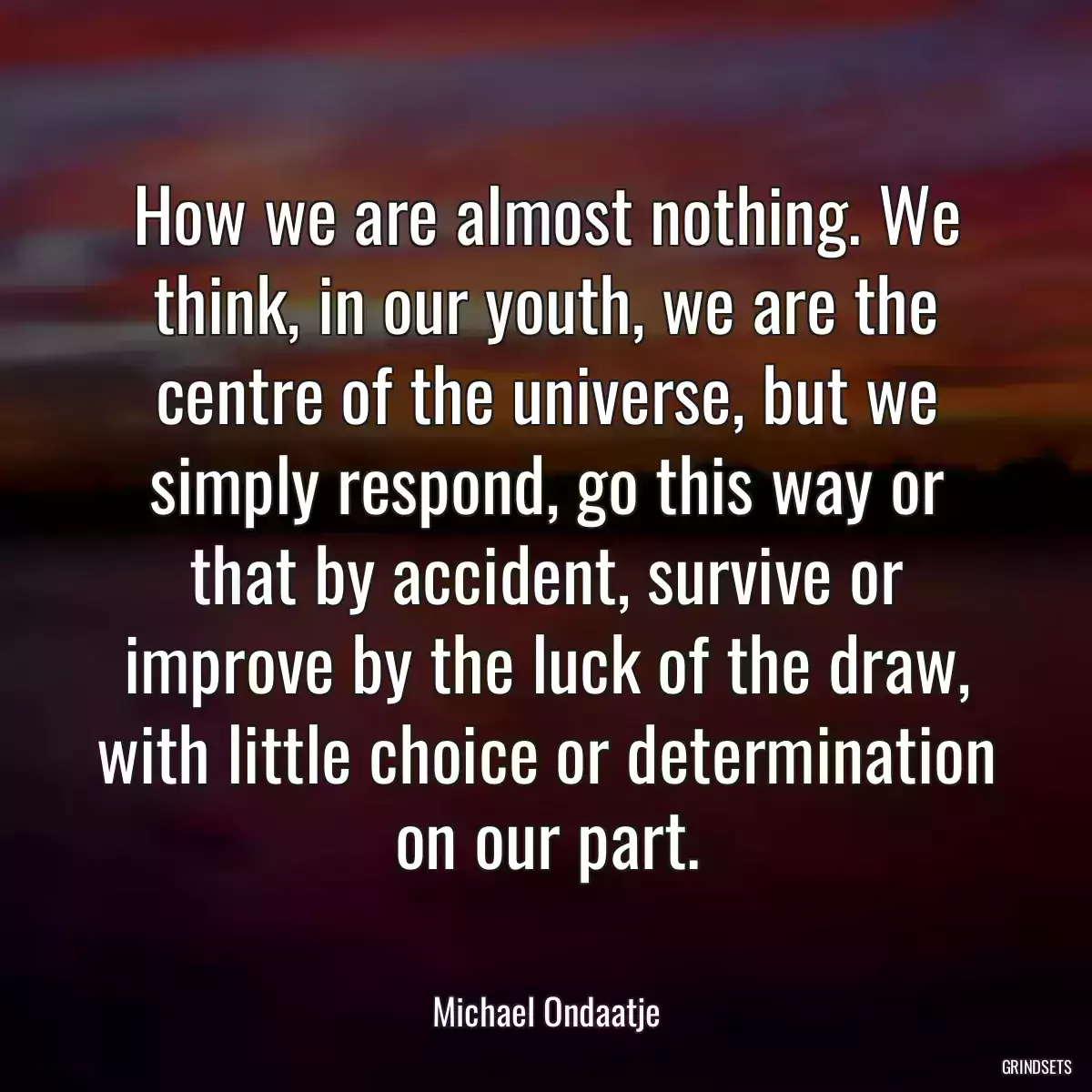 How we are almost nothing. We think, in our youth, we are the centre of the universe, but we simply respond, go this way or that by accident, survive or improve by the luck of the draw, with little choice or determination on our part.