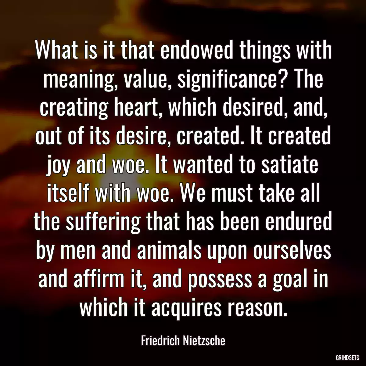 What is it that endowed things with meaning, value, significance? The creating heart, which desired, and, out of its desire, created. It created joy and woe. It wanted to satiate itself with woe. We must take all the suffering that has been endured by men and animals upon ourselves and affirm it, and possess a goal in which it acquires reason.