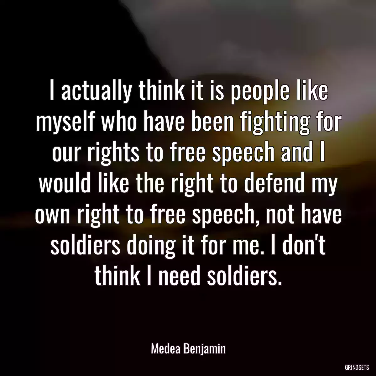 I actually think it is people like myself who have been fighting for our rights to free speech and I would like the right to defend my own right to free speech, not have soldiers doing it for me. I don\'t think I need soldiers.