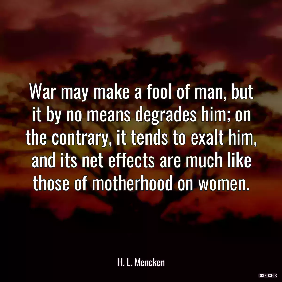 War may make a fool of man, but it by no means degrades him; on the contrary, it tends to exalt him, and its net effects are much like those of motherhood on women.