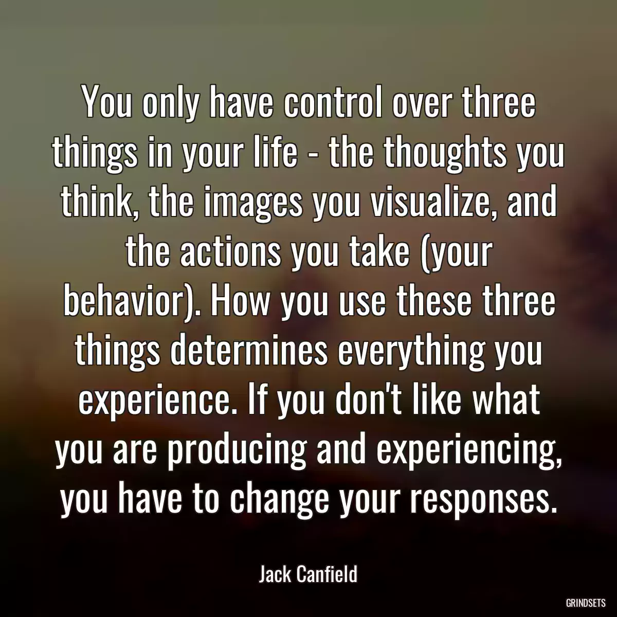 You only have control over three things in your life - the thoughts you think, the images you visualize, and the actions you take (your behavior). How you use these three things determines everything you experience. If you don\'t like what you are producing and experiencing, you have to change your responses.