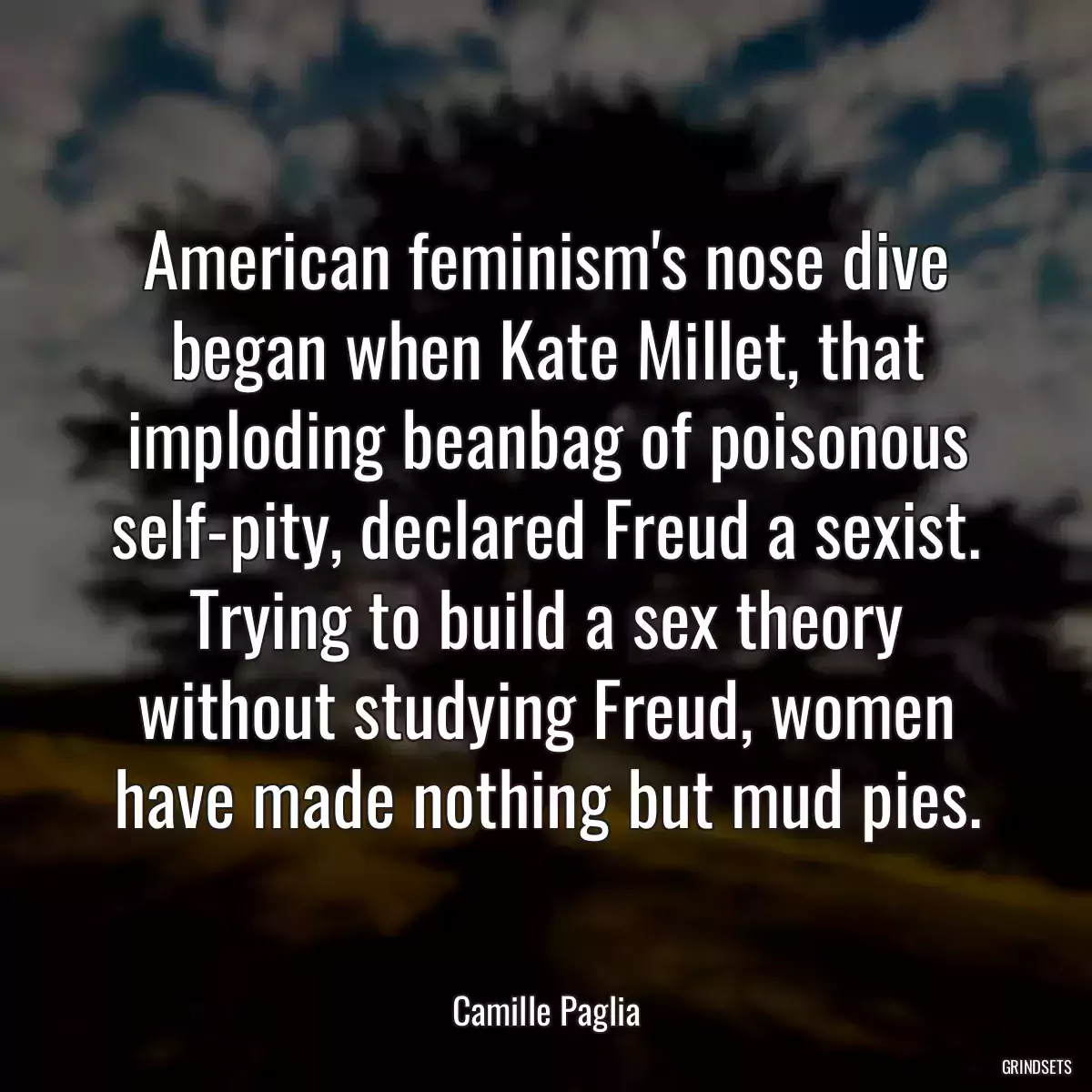 American feminism\'s nose dive began when Kate Millet, that imploding beanbag of poisonous self-pity, declared Freud a sexist. Trying to build a sex theory without studying Freud, women have made nothing but mud pies.