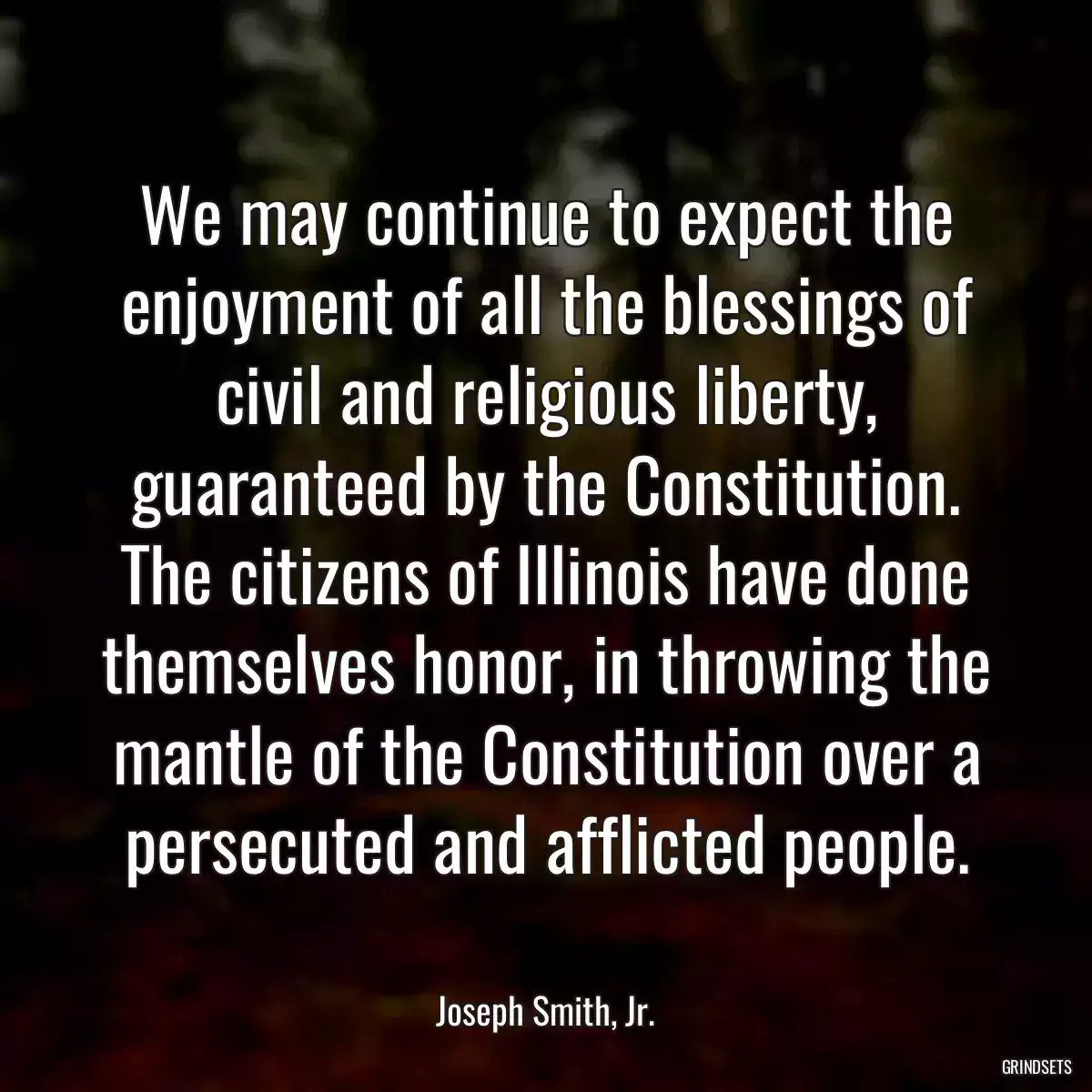 We may continue to expect the enjoyment of all the blessings of civil and religious liberty, guaranteed by the Constitution. The citizens of Illinois have done themselves honor, in throwing the mantle of the Constitution over a persecuted and afflicted people.