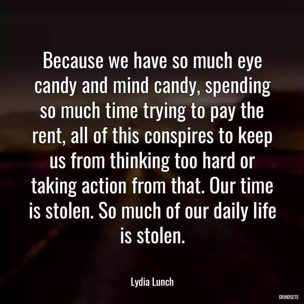 Because we have so much eye candy and mind candy, spending so much time trying to pay the rent, all of this conspires to keep us from thinking too hard or taking action from that. Our time is stolen. So much of our daily life is stolen.