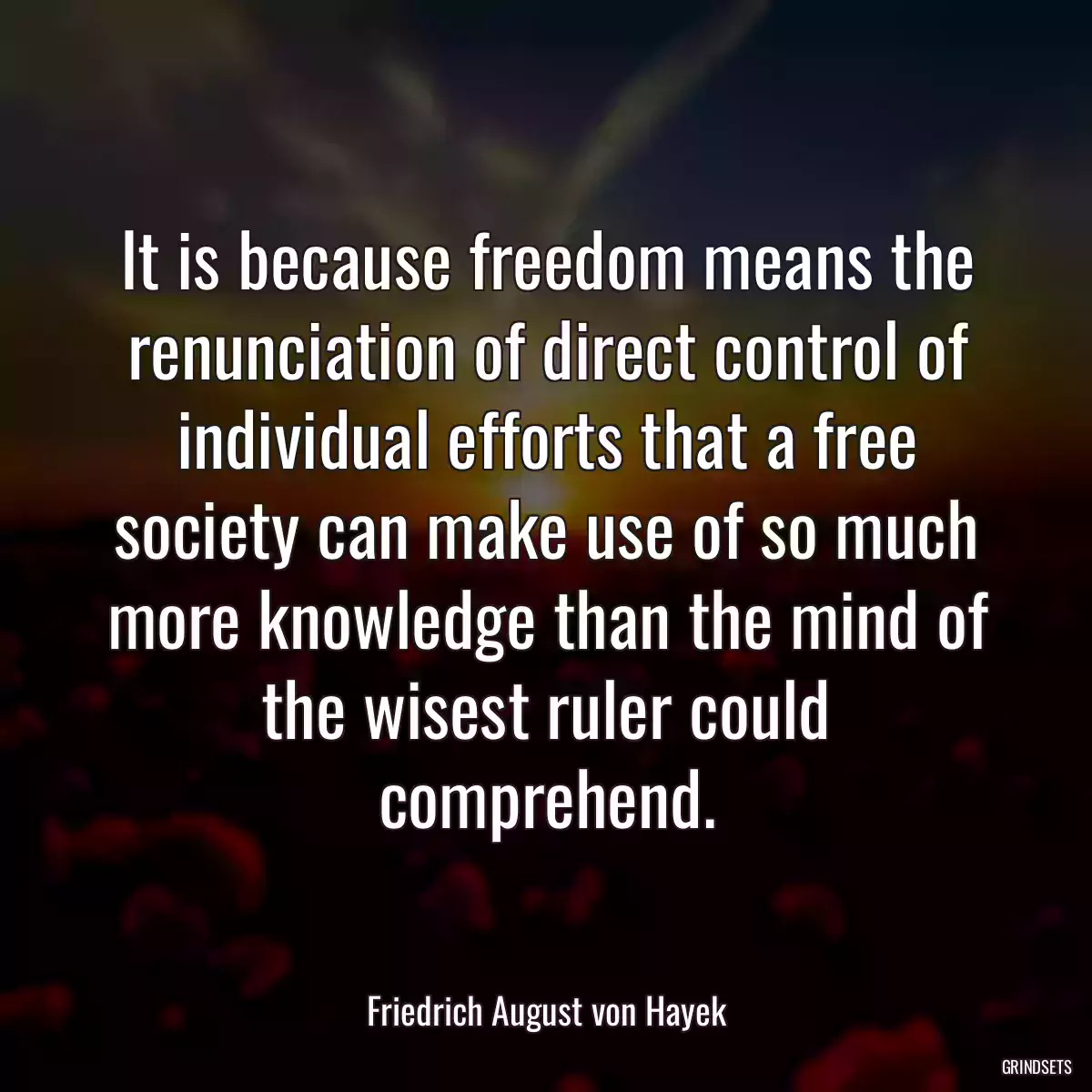 It is because freedom means the renunciation of direct control of individual efforts that a free society can make use of so much more knowledge than the mind of the wisest ruler could comprehend.