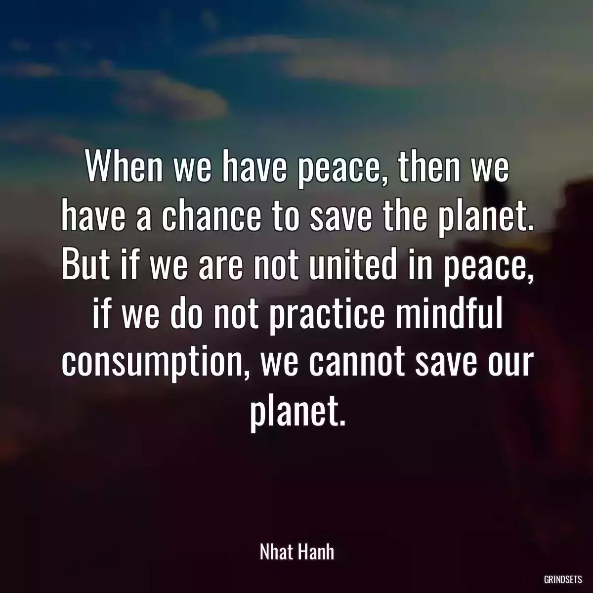 When we have peace, then we have a chance to save the planet. But if we are not united in peace, if we do not practice mindful consumption, we cannot save our planet.