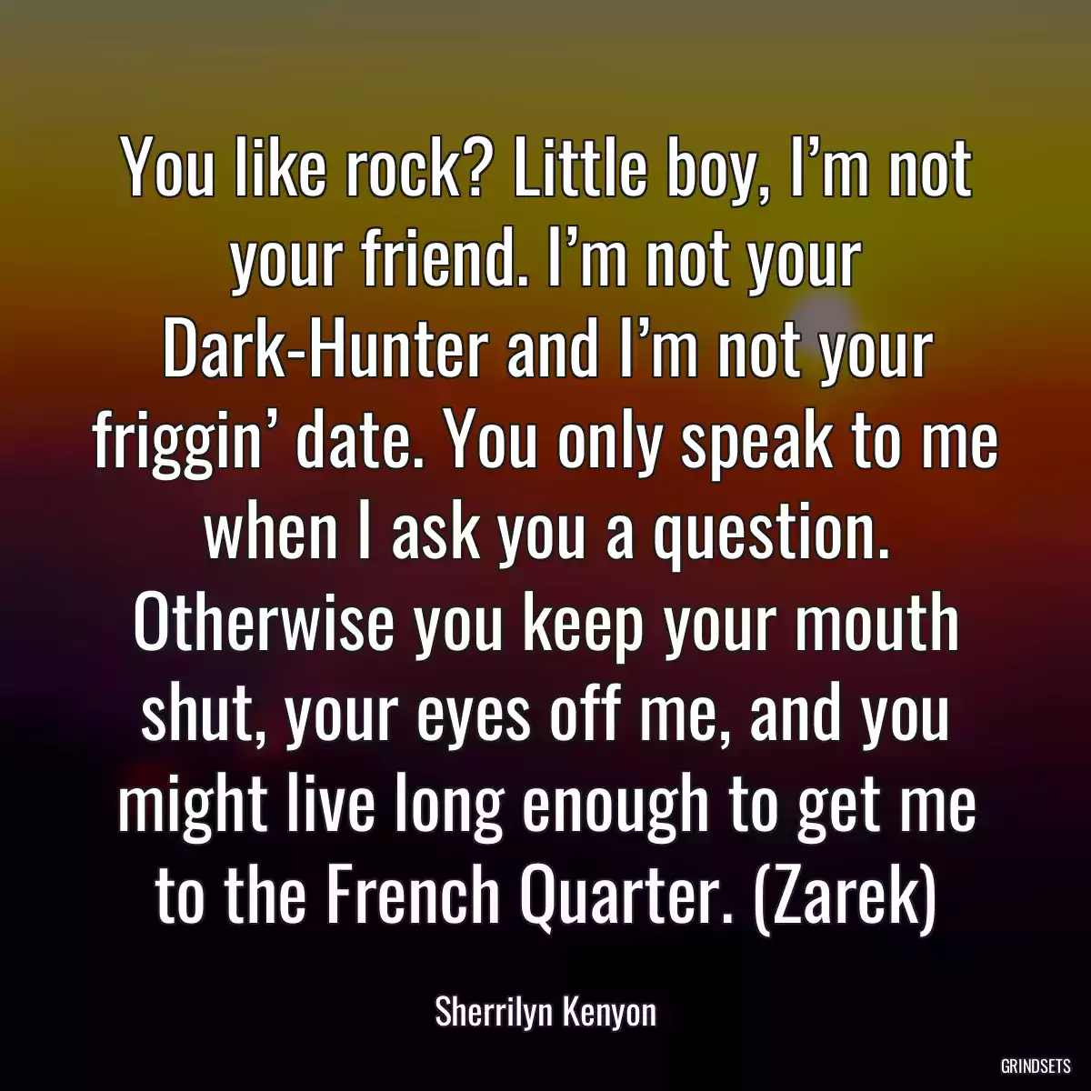 You like rock? Little boy, I’m not your friend. I’m not your Dark-Hunter and I’m not your friggin’ date. You only speak to me when I ask you a question. Otherwise you keep your mouth shut, your eyes off me, and you might live long enough to get me to the French Quarter. (Zarek)